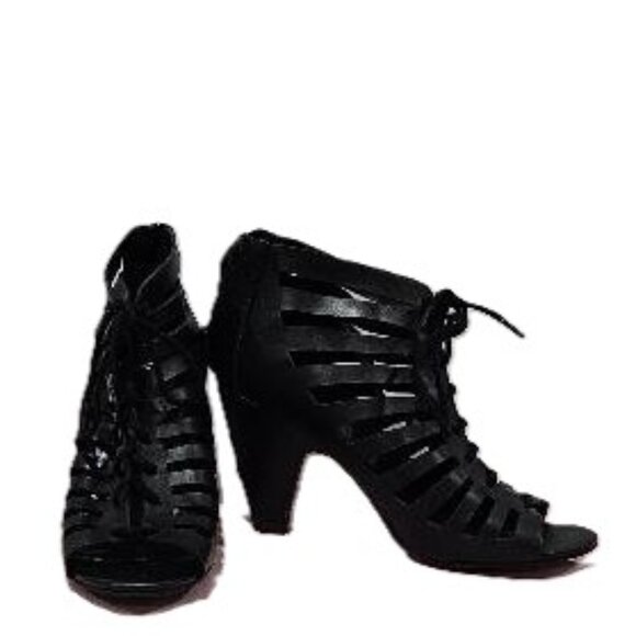BLACK LACE UP CAGE HEELS WITH BACK ZIPPER    Size 6  GOTH  BOHO DANCE WHIMSIGOTH - Picture 1 of 3
